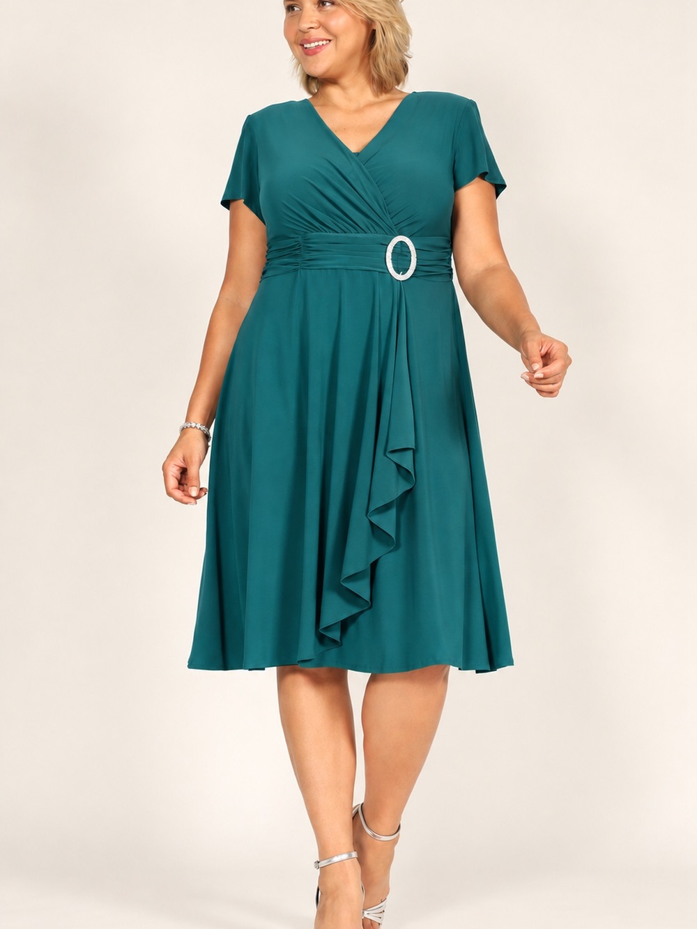 R&M Richards Teal V-Neck Wrap A-Line Dress. Size 14